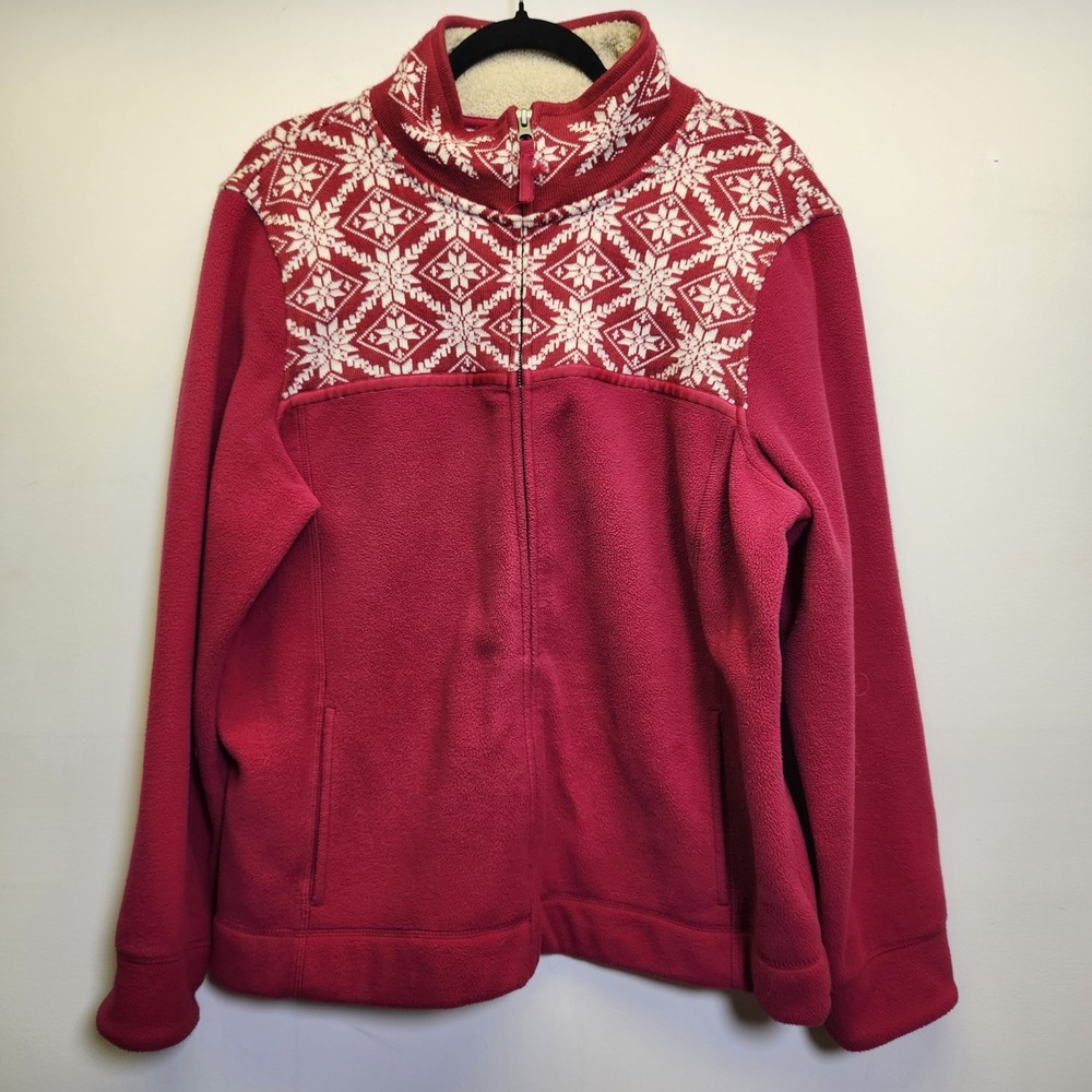 L.L. Bean Women's Fair Isle Nordic Full Zip Fleece Jacket XL Mock Neck Pockets